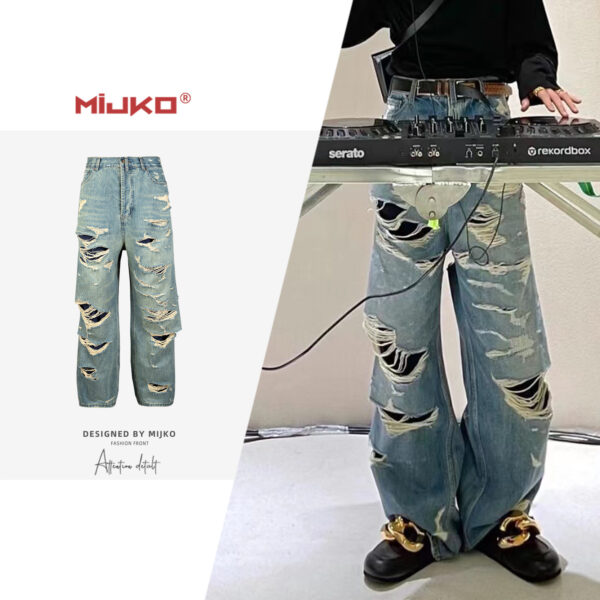 MIJKO men's clothing, women's Bath-style double-layer tassels, wrecking beggar style men's and women's styles, wrecking torn jeans, handsome