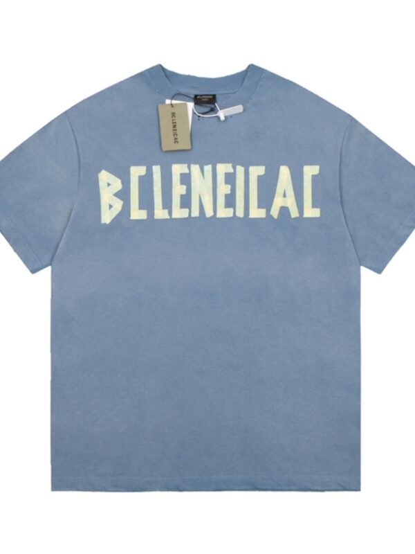 BCLENEICAC autumn new tape printed letters washed blue hole distressed short-sleeved T-shirt half sleeve