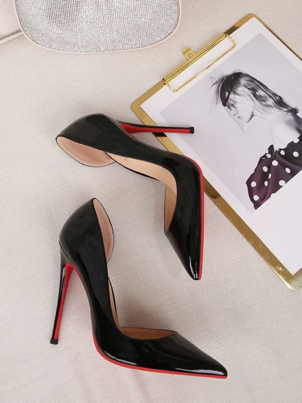 A goods 12cm red bottom cl high heels stiletto heel shallow mouth open toe red lining black patent leather European and American single shoes for women