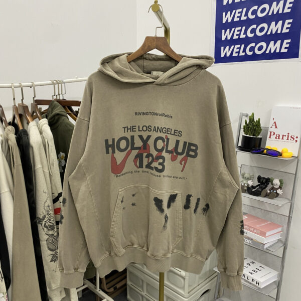 High-quality RRR123 joint model UNION letter heavy washed distressed hoodie men's loose pullover sweatshirt