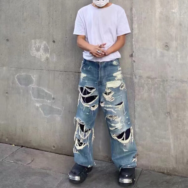 Paris handmade wiping jeans men and women fashion brand high street ripped brushed old wide-leg beggar casual trousers