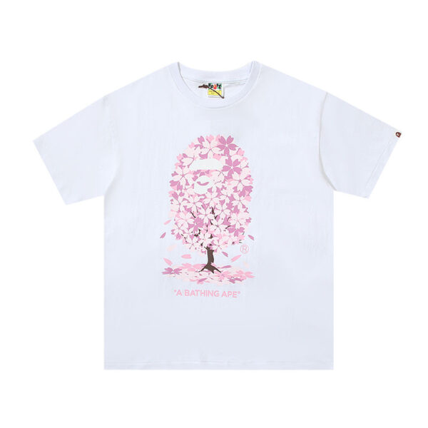 Classic Ape Man Limited Edition Mount Fuji Pink Cherry Blossom Seamless Cylinder Short T-shirt Men's and Women's Pure Cotton Line Half-sleeved Shirt